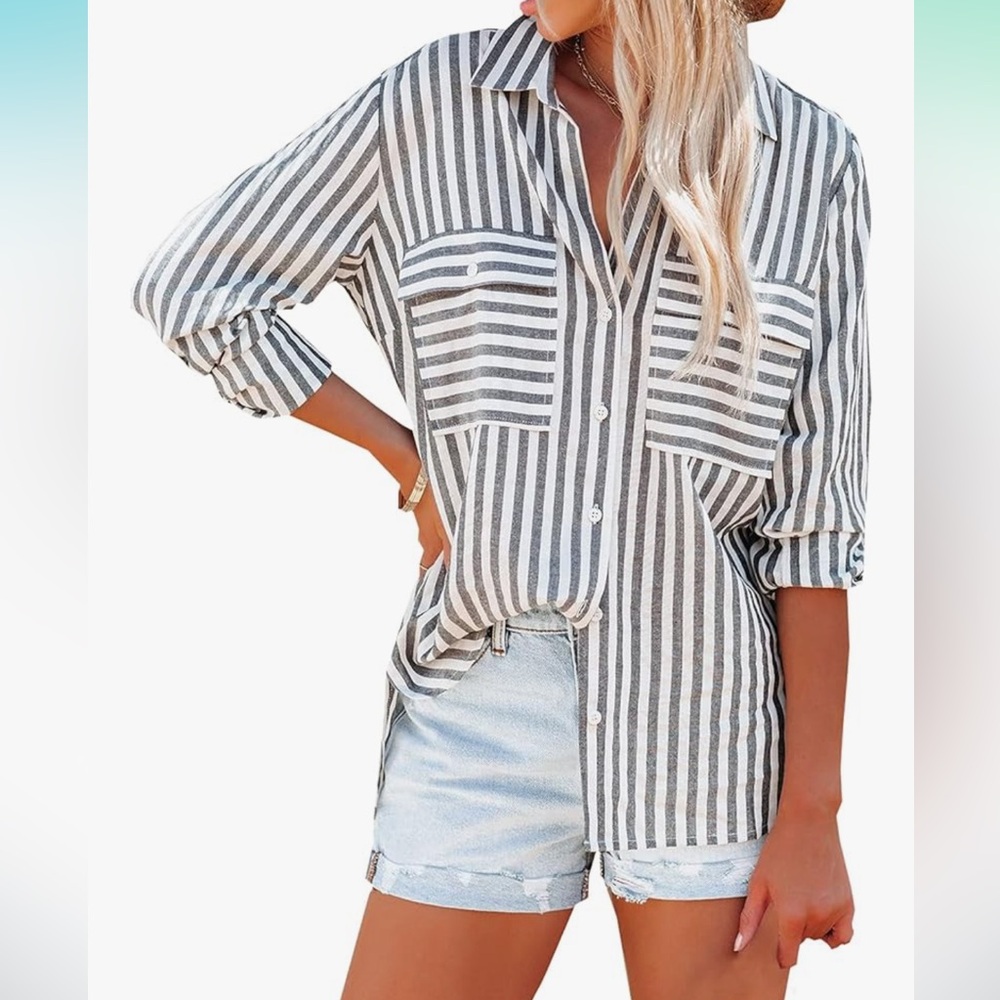 amazon | striped button down - gray & white